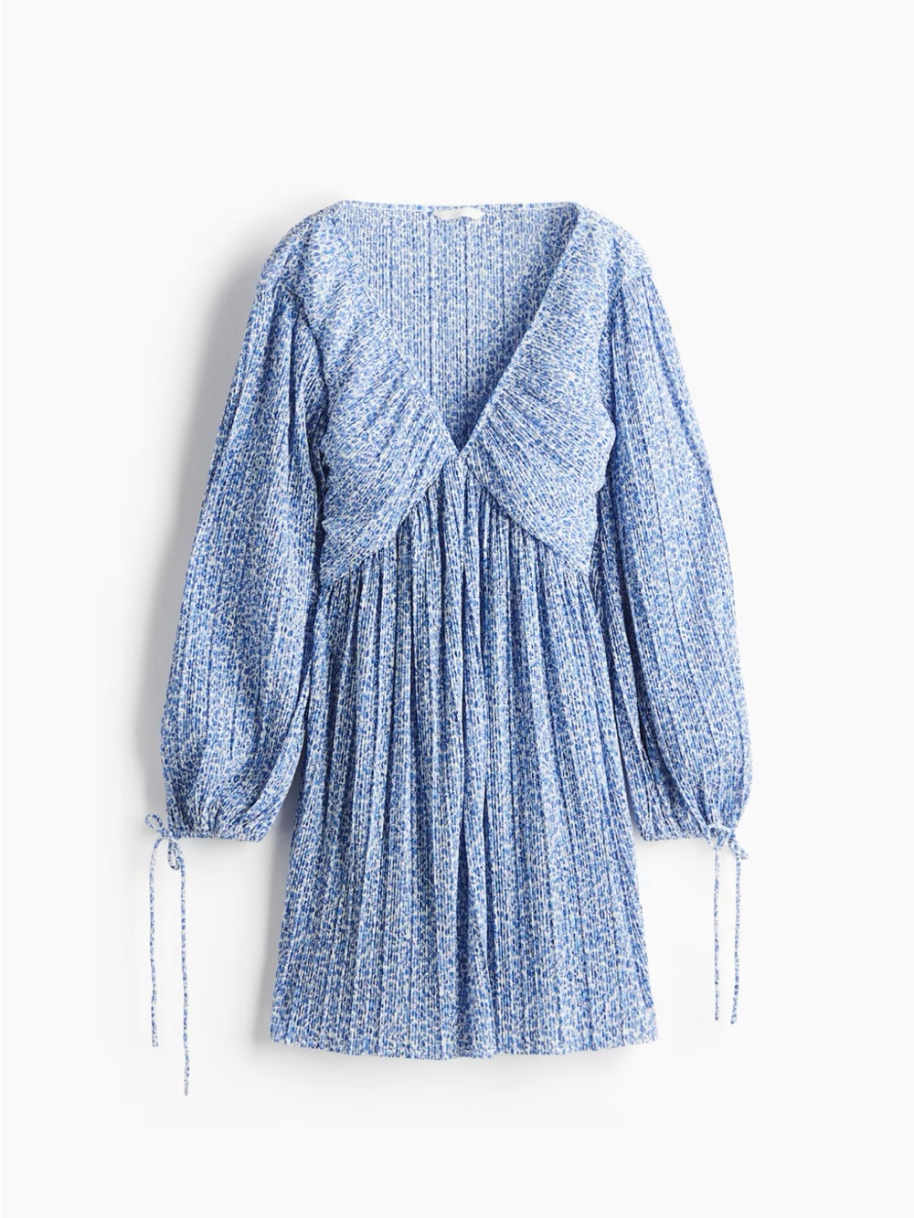 H&M Plissé Long Sleeve Blue Floral Dress